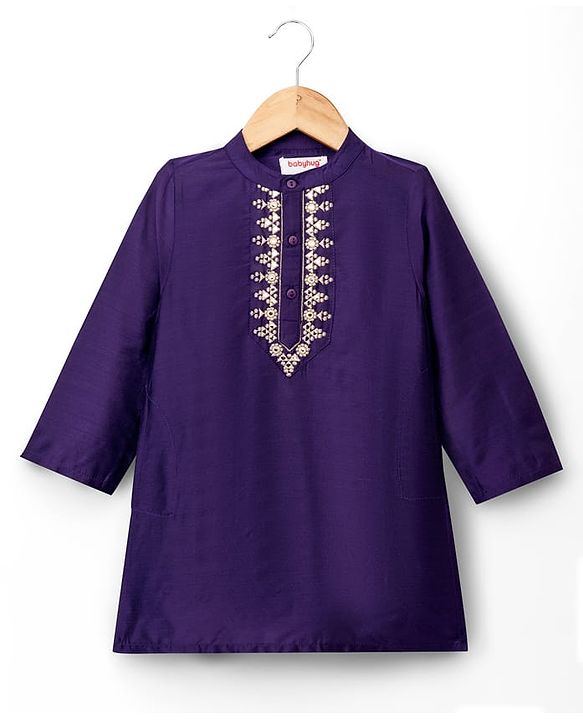 Babyhug Woven Full Sleeves Kurta Dhoti Set with Embroidery - Navy Blue