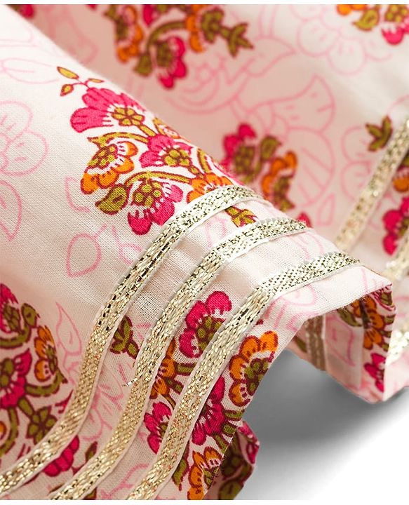 Babyhug Cambric Woven Three Forth Sleeves Floral Printed & Sequinned Ethnic Frock - Light Pink
