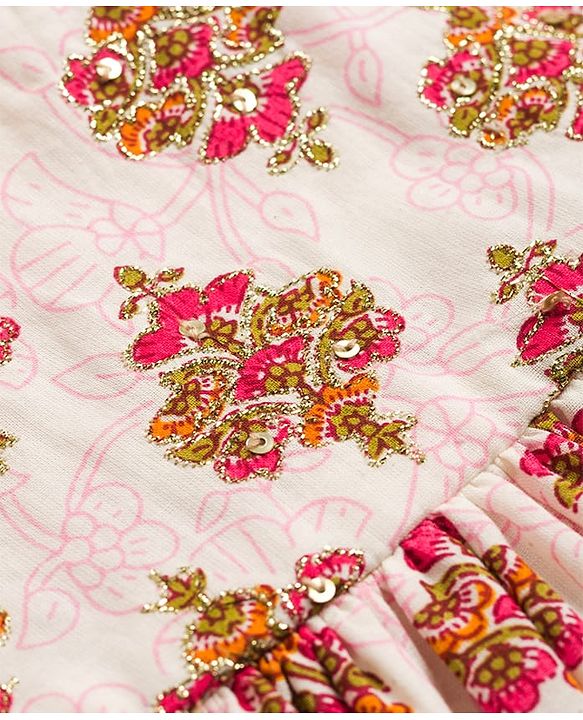 Babyhug Cambric Woven Three Forth Sleeves Floral Printed & Sequinned Ethnic Frock - Light Pink