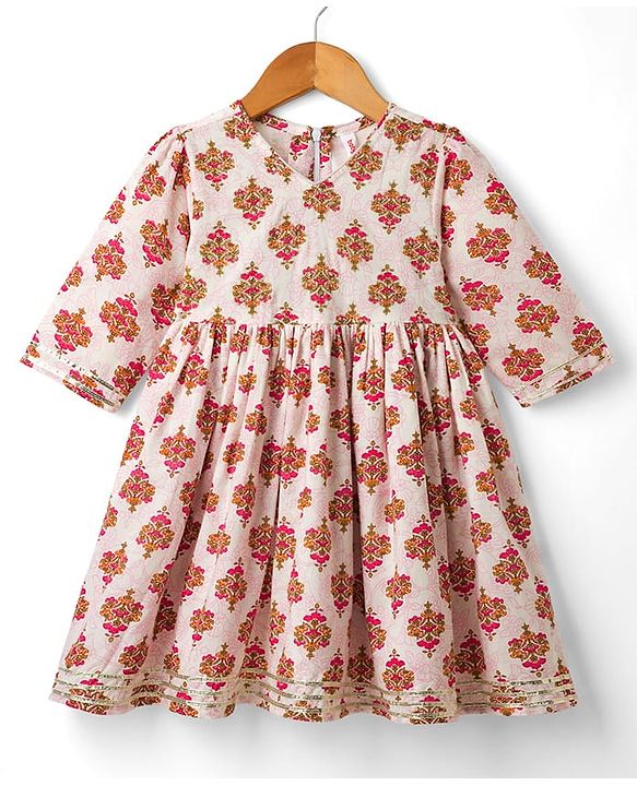 Babyhug Cambric Woven Three Forth Sleeves Floral Printed & Sequinned Ethnic Frock - Light Pink