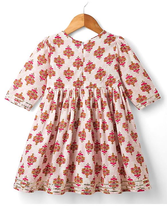 Babyhug Cambric Woven Three Forth Sleeves Floral Printed & Sequinned Ethnic Frock - Light Pink