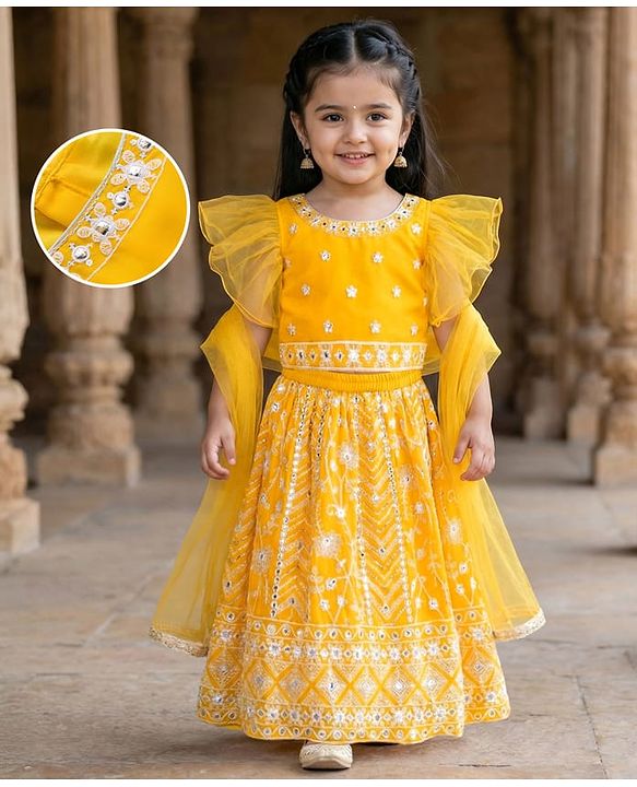 Babyhug Georgette Woven Frill Sleeves Choli Lehenga Set with Dupatta & Embroidery - Yellow