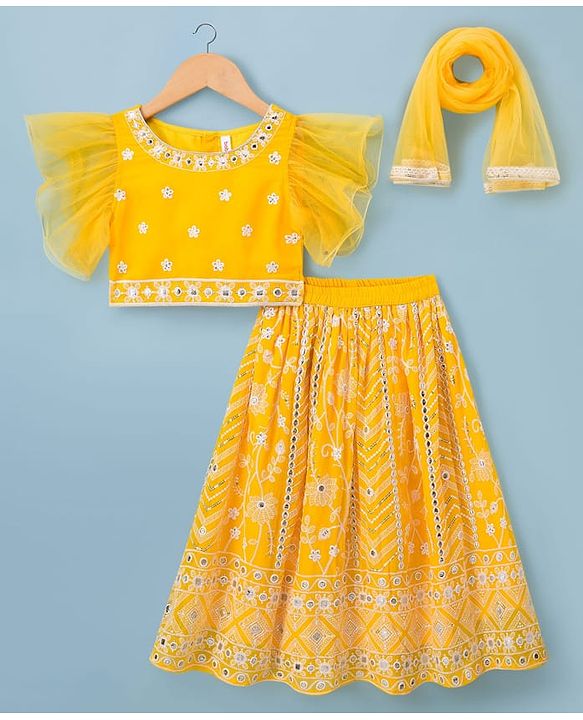 Babyhug Georgette Woven Frill Sleeves Choli Lehenga Set with Dupatta & Embroidery - Yellow