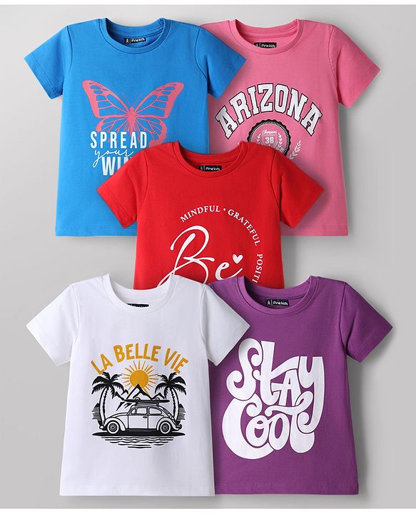 Pine Kids Cotton Knit T-Shirts Half Sleeves Graphic Print Multi Color 4-5 Years