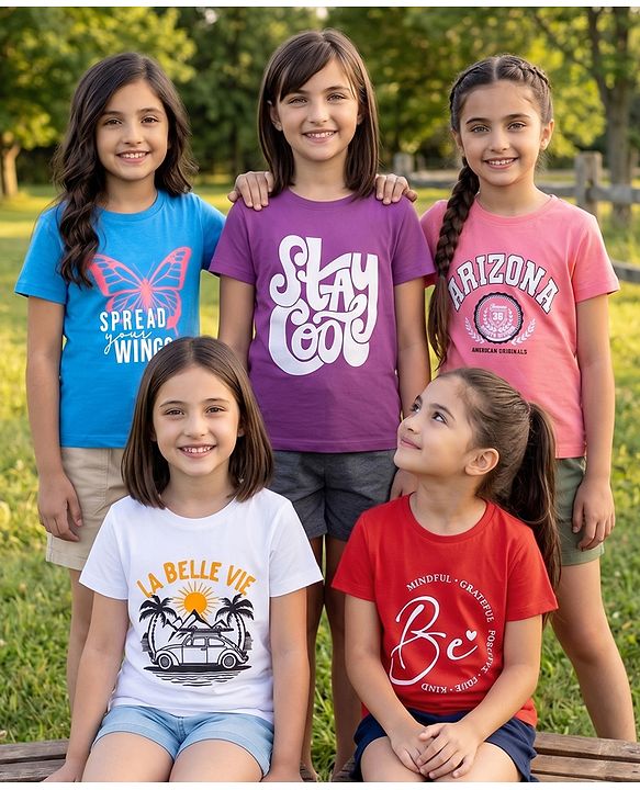 Pine Kids Cotton Knit T-Shirts Half Sleeves Graphic Print Multi Color 4-5 Years