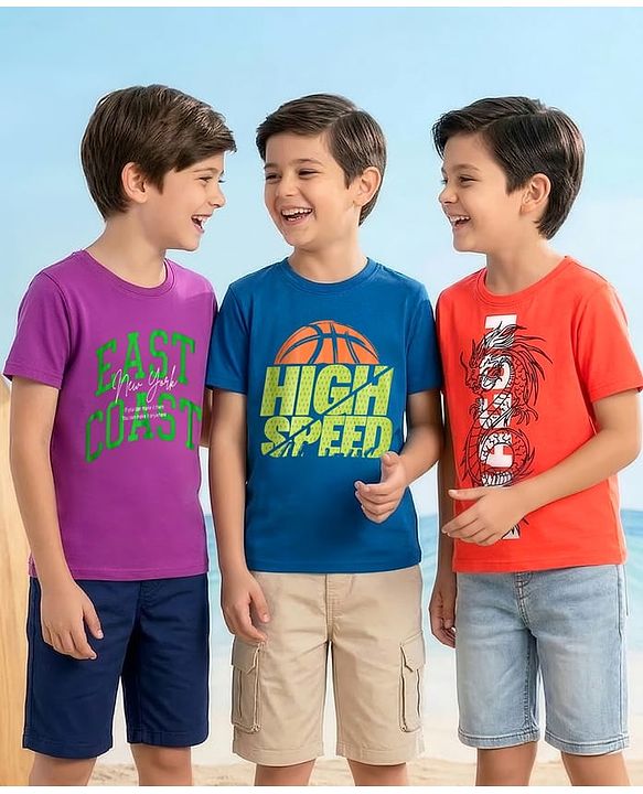 Pine Kids Cotton Knit Fashion Half Sleeves T-Shirts With Text Print Pack of 3 - Multicolor