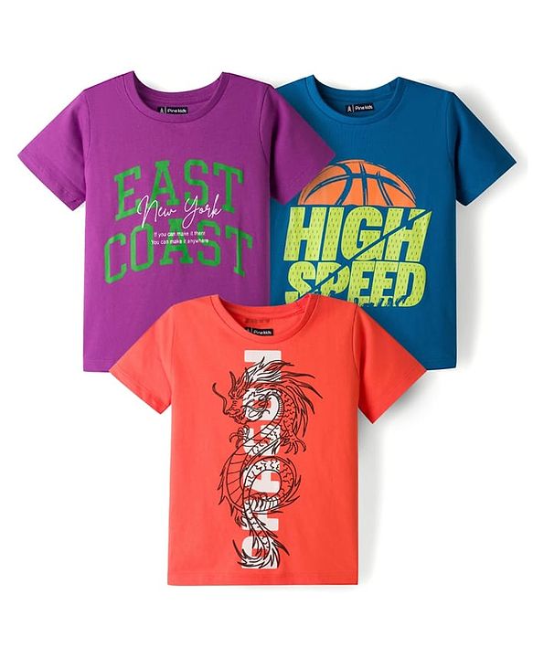 Pine Kids Cotton Knit Fashion Half Sleeves T-Shirts With Text Print Pack of 3 - Multicolor