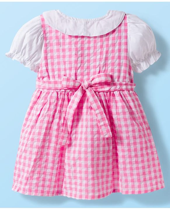 Babyhug Seer Sucker Half Puffed Sleeves Checkered Frock with Strawberry Patch - Pink & White