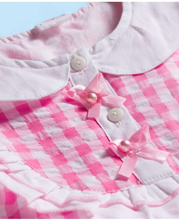 Babyhug Seer Sucker Half Puffed Sleeves Checkered Frock with Strawberry Patch - Pink & White