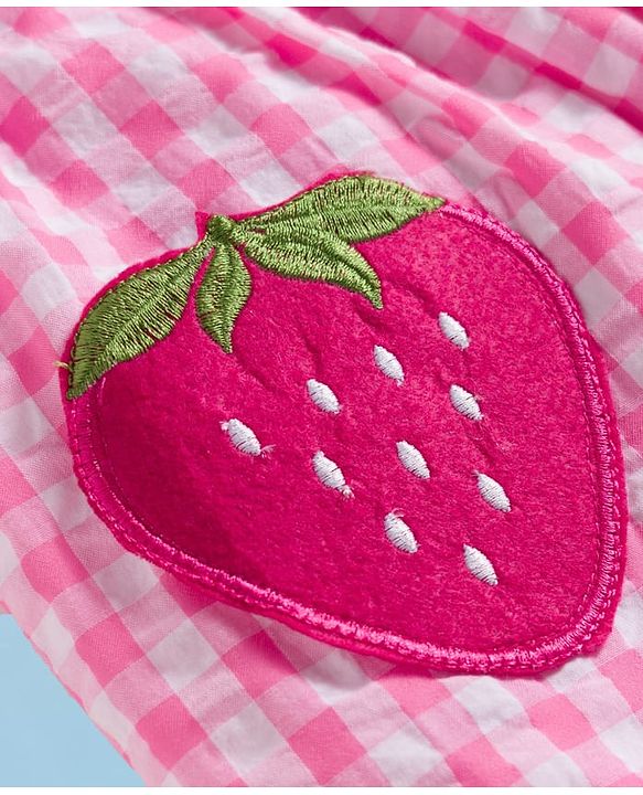 Babyhug Seer Sucker Half Puffed Sleeves Checkered Frock with Strawberry Patch - Pink & White