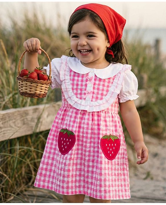 Babyhug Seer Sucker Half Puffed Sleeves Checkered Frock with Strawberry Patch - Pink & White