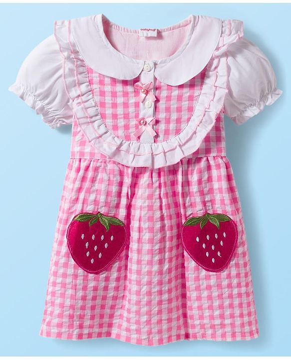 Babyhug Seer Sucker Half Puffed Sleeves Checkered Frock with Strawberry Patch - Pink & White