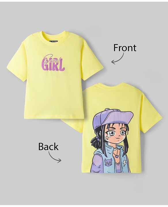 Pine Kids Cotton Knit Half Sleeves T-Shirt With Front & Back Girl Print - Yellow