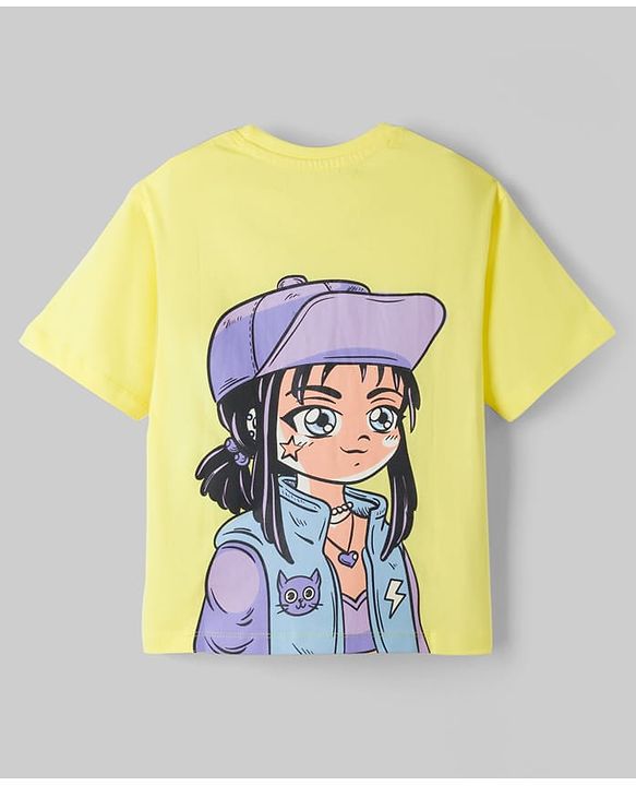 Pine Kids Cotton Knit Half Sleeves T-Shirt With Front & Back Girl Print - Yellow