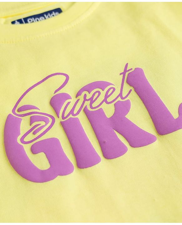 Pine Kids Cotton Knit Half Sleeves T-Shirt With Front & Back Girl Print - Yellow