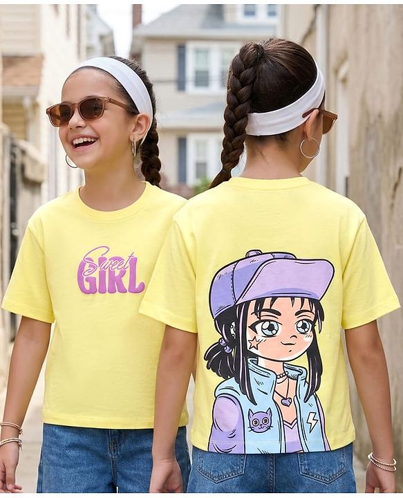 Pine Kids Cotton Knit Half Sleeves T-Shirt With Front & Back Girl Print - Yellow