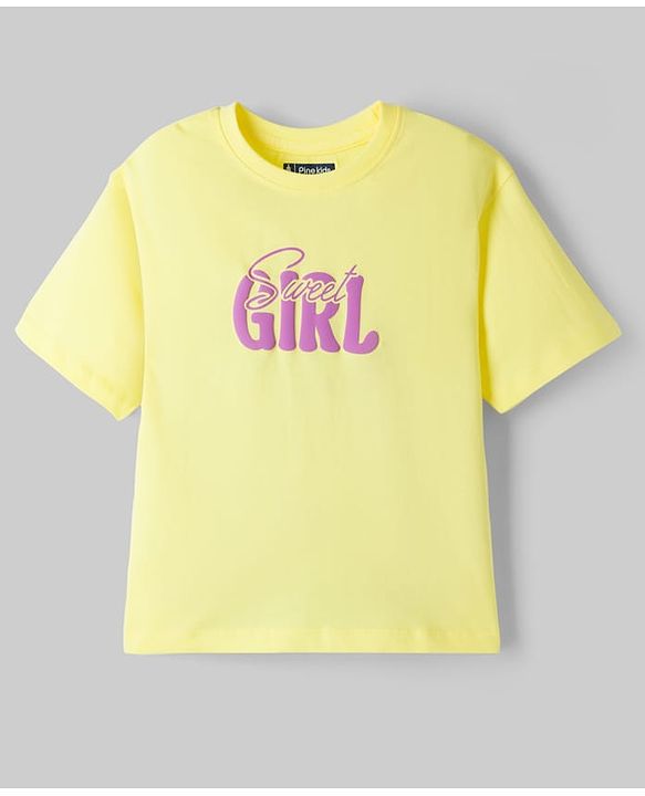 Pine Kids Cotton Knit Half Sleeves T-Shirt With Front & Back Girl Print - Yellow