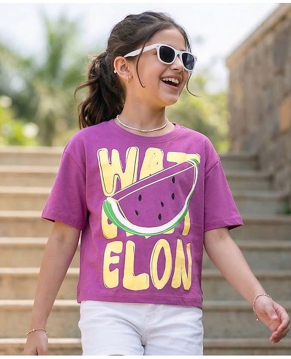 Pine Kids Cotton Knit Half Sleeves T-Shirt With Watermelon Print - Purple