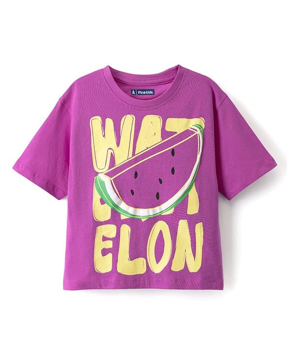 Pine Kids Cotton Knit Half Sleeves T-Shirt With Watermelon Print - Purple