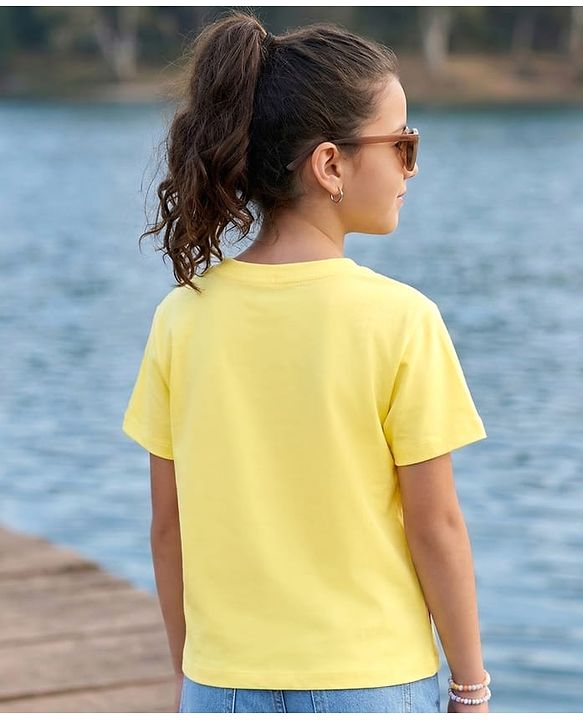 Pine Kids Cotton Knit Half Sleeves T-Shirt with Floral Print - Yellow