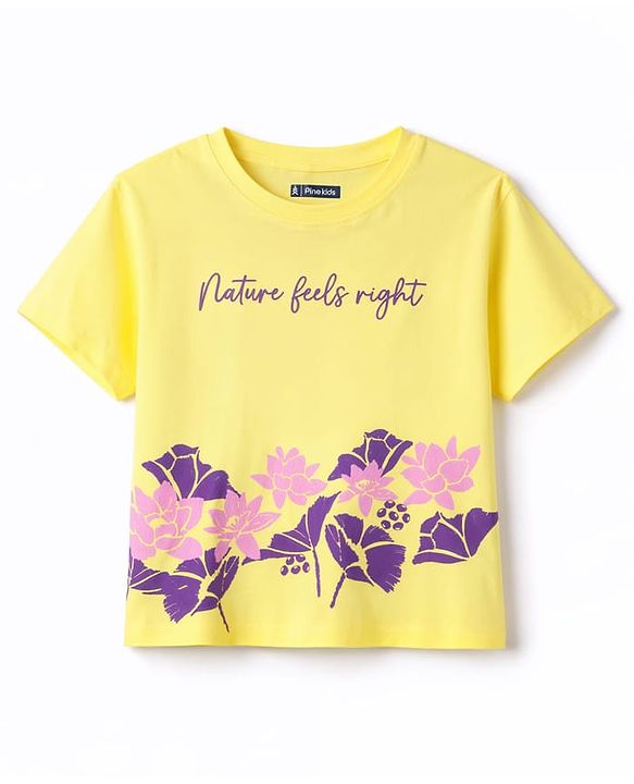 Pine Kids Cotton Knit Half Sleeves T-Shirt with Floral Print - Yellow