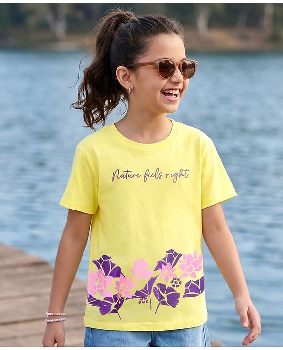 Pine Kids Cotton Knit Half Sleeves T-Shirt with Floral Print - Yellow