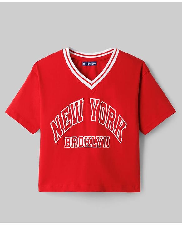Pine Kids Cotton Knit Half Sleeves T-Shirt With New York Print - Red