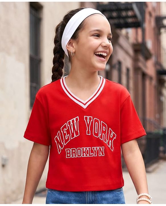 Pine Kids Cotton Knit Half Sleeves T-Shirt With New York Print - Red