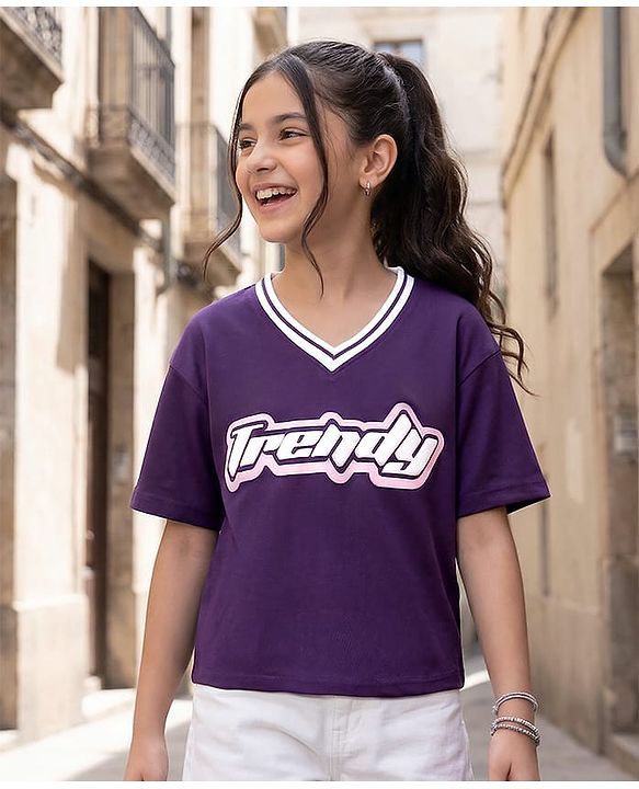 Pine Kids Cotton Knit Half Sleeves T-Shirt With Trendy Print - Purple
