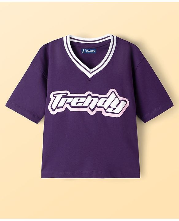 Pine Kids Cotton Knit Half Sleeves T-Shirt With Trendy Print - Purple