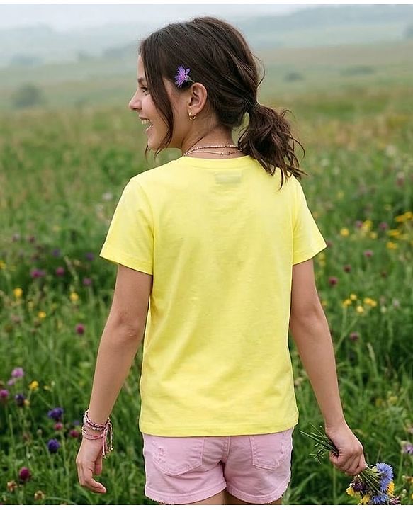 Pine Kids Cotton Knit Half Sleeves T-Shirt with Floral Print - Yellow