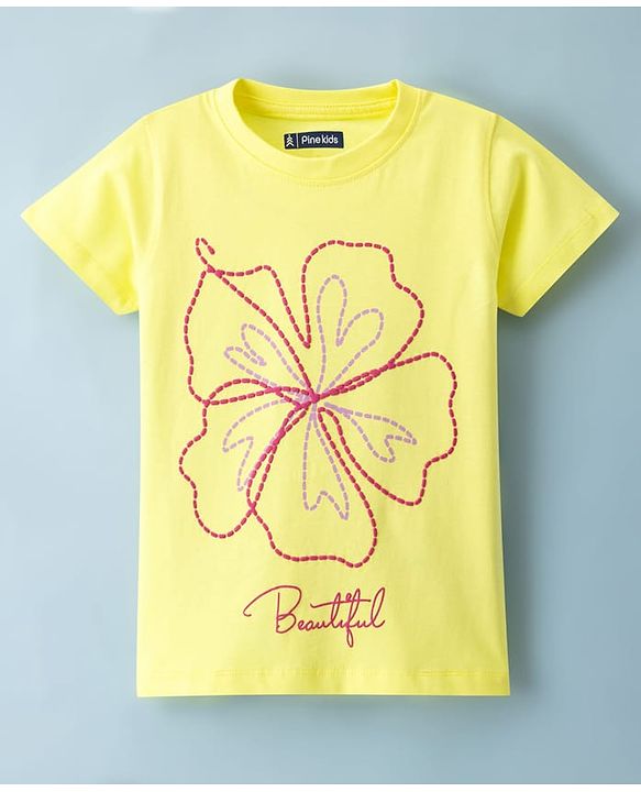 Pine Kids Cotton Knit Half Sleeves T-Shirt with Floral Print - Yellow