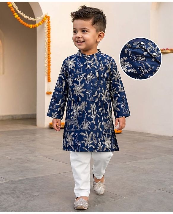 Babyhug Cotton Blend Woven Full Sleeves Kurta Pajama Set Jungle Theme Embroidery - Navy Blue