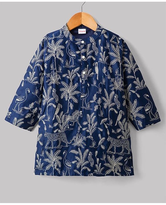 Babyhug Cotton Blend Woven Full Sleeves Kurta Pajama Set Jungle Theme Embroidery - Navy Blue