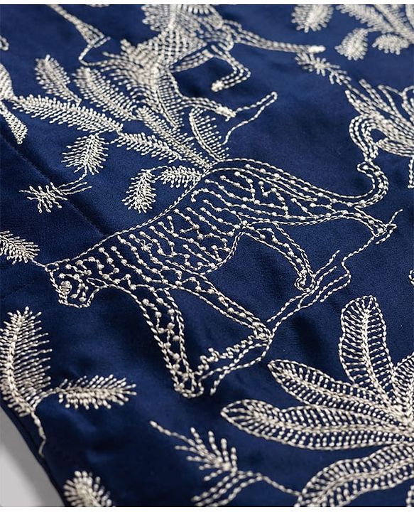 Babyhug Cotton Blend Woven Full Sleeves Kurta Pajama Set Jungle Theme Embroidery - Navy Blue