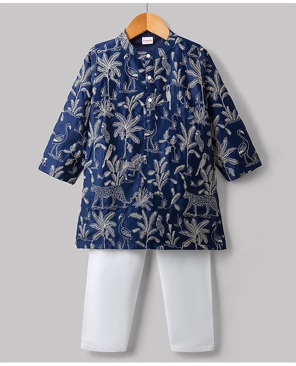 Babyhug Cotton Blend Woven Full Sleeves Kurta Pajama Set Jungle Theme Embroidery - Navy Blue