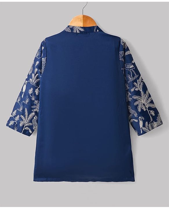 Babyhug Cotton Blend Woven Full Sleeves Kurta Pajama Set Jungle Theme Embroidery - Navy Blue
