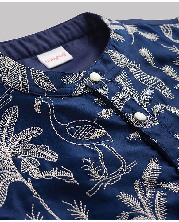 Babyhug Cotton Blend Woven Full Sleeves Kurta Pajama Set Jungle Theme Embroidery - Navy Blue