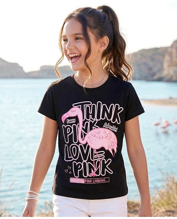 Pine Kids 100% Cotton Knit Half Sleeves Birds & Text Printed T-Shirt - Black