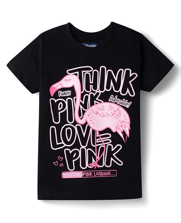 Pine Kids 100% Cotton Knit Half Sleeves Birds & Text Printed T-Shirt - Black