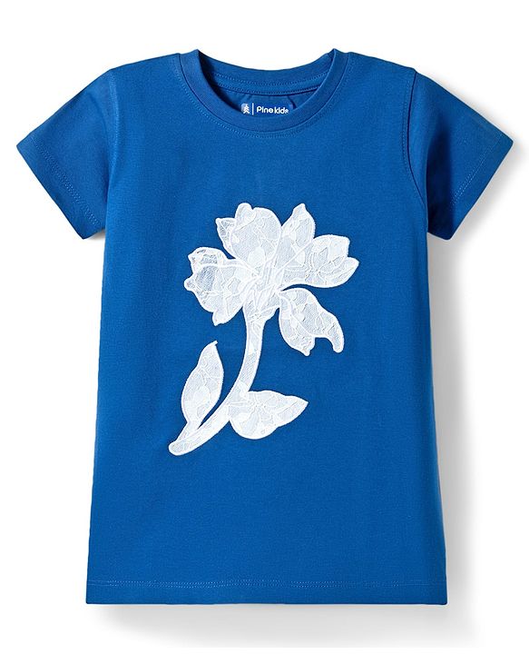 Pine Kids Cotton Knit T-Shirts Floral Applique Navy Blue 4-5 Years