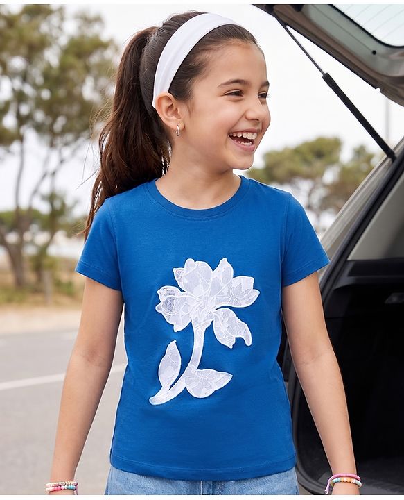 Pine Kids Cotton Knit T-Shirts Floral Applique Navy Blue 4-5 Years