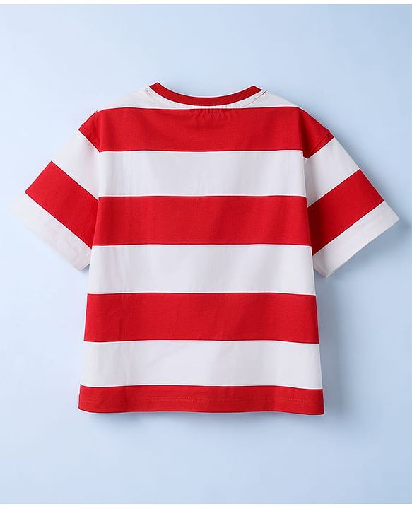 Pine Kids Cotton Knit T-Shirts Half Sleeves Round Neck Striped Graphic Regular White & Red 5-6 Years
