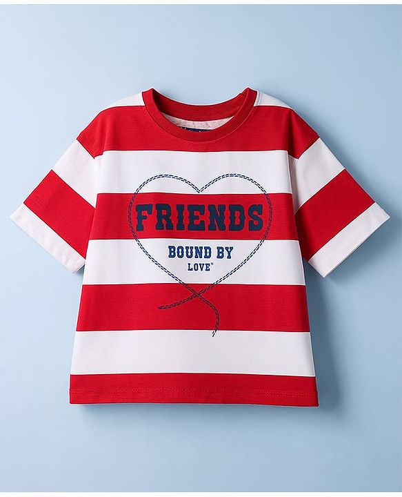 Pine Kids Cotton Knit T-Shirts Half Sleeves Round Neck Striped Graphic Regular White & Red 5-6 Years