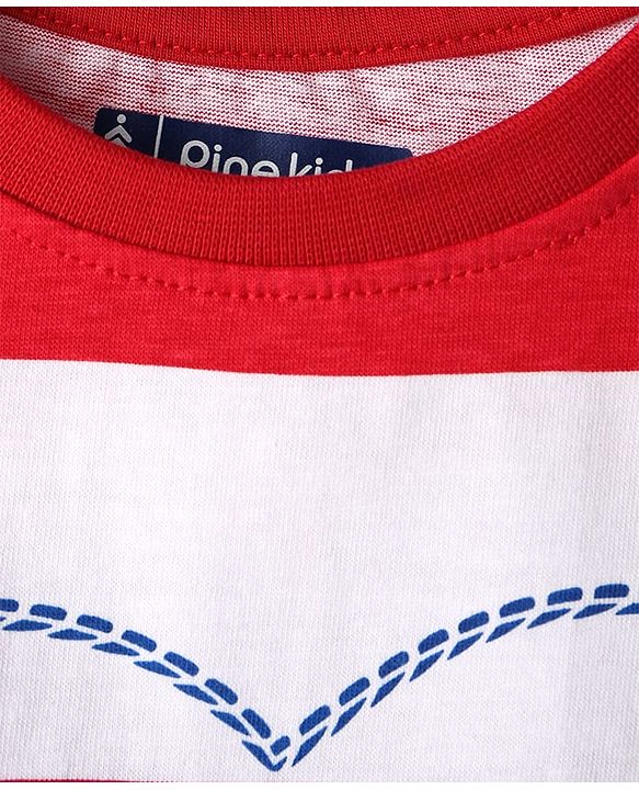 Pine Kids Cotton Knit T-Shirts Half Sleeves Round Neck Striped Graphic Regular White & Red 5-6 Years