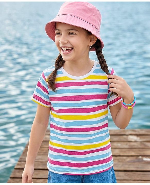 Pine Kids Cotton Knit Half Sleeves Striped T-Shirt - White
