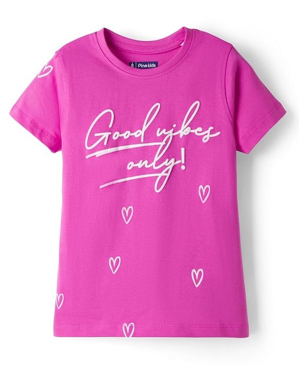 Pine Kids Cotton Knit Half Sleeves T-Shirt With Heart Print - Fuchsia
