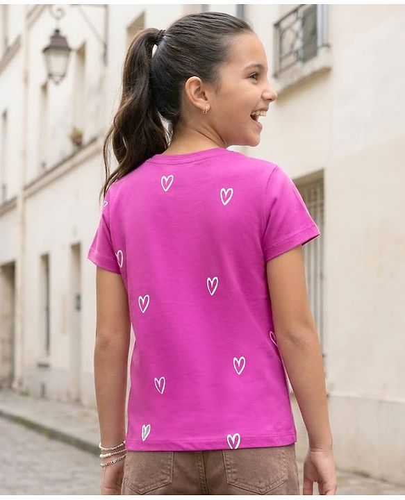 Pine Kids Cotton Knit Half Sleeves T-Shirt With Heart Print - Fuchsia