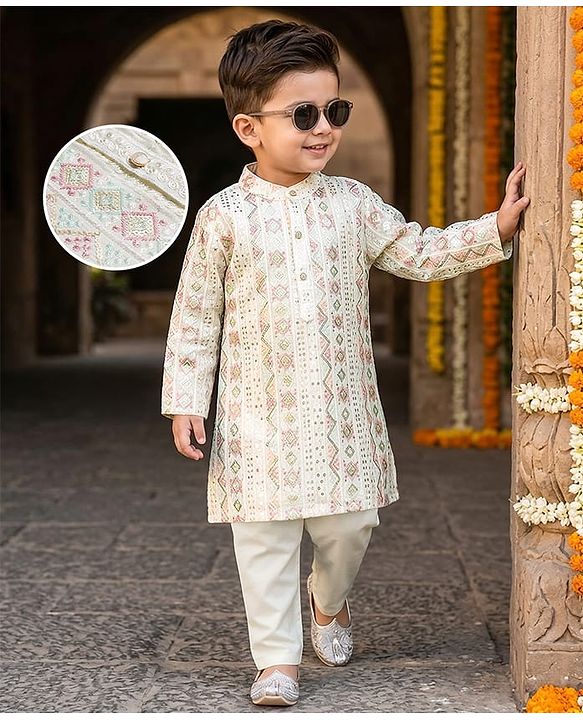 Babyhug Cotton Blend Woven Full Sleeves Kurta Pyjama Set With Sequin Detailing - Pink