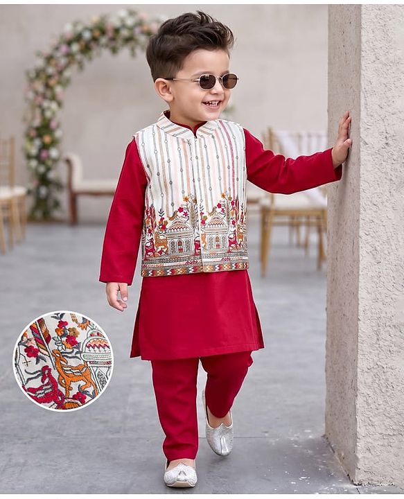 Babyhug Cotton Blend Woven Full Sleeves Kurta Pyjama Set with Embroidered Jacket - Wine